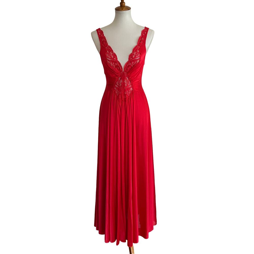 Vintage Olga Red Nylon Lace Maxi Gown Large